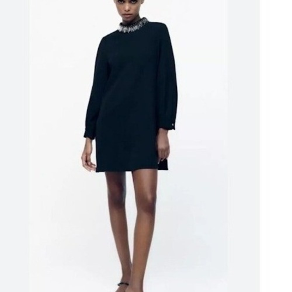 Zara Mini Dress Beaded‎ Collar Long Sleeve Party Cocktail Dress S